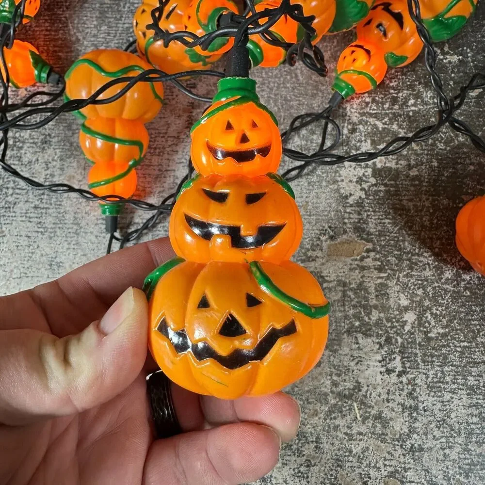Stacked Jack-O-Lantern Halloween Pumpkin 10 Light String Blow Mold 11 ft Cord